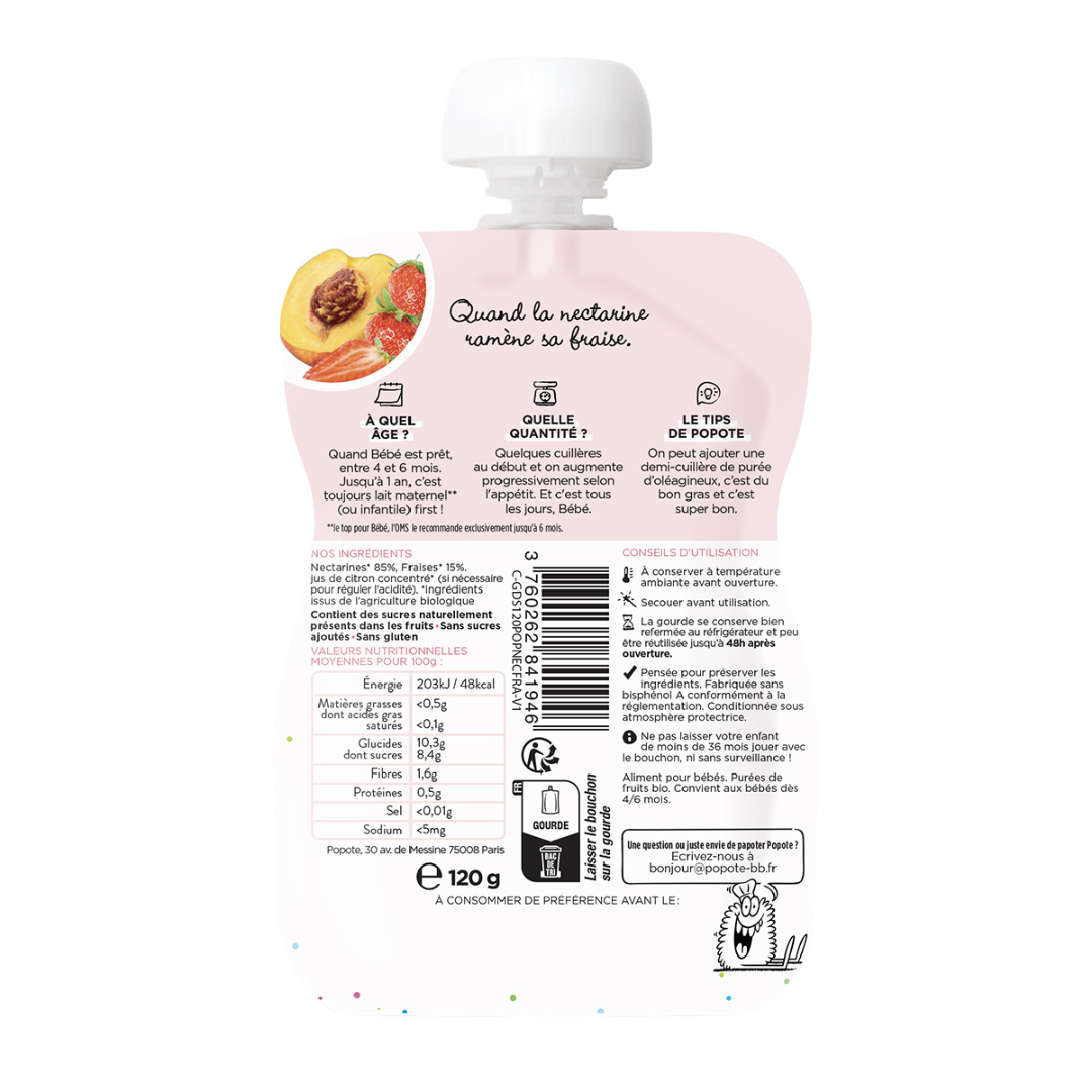 Popote - Gourde Nectarine &amp; Fraise BIO 120 g